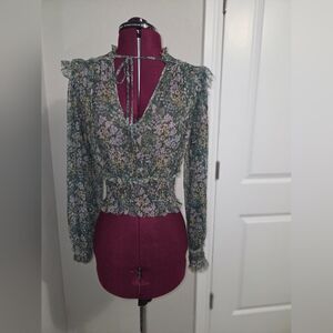 Free People Green and Purple Ruffled Long Sleeve Blouse